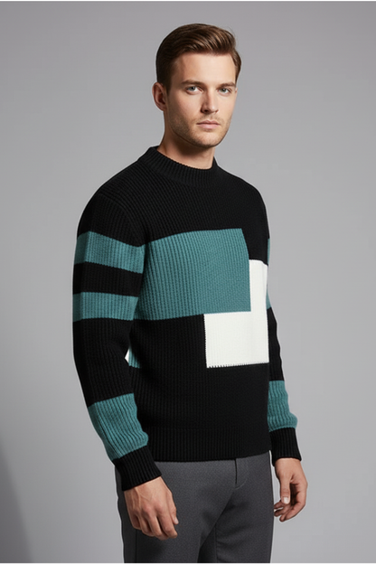 Men's Geometric Knit Sweater High Neck Ribbed