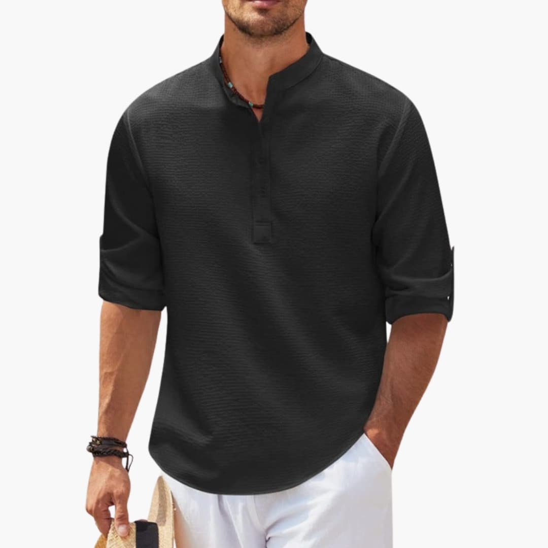 Men's Henley Shirt Button Front Rolled Sleeves
