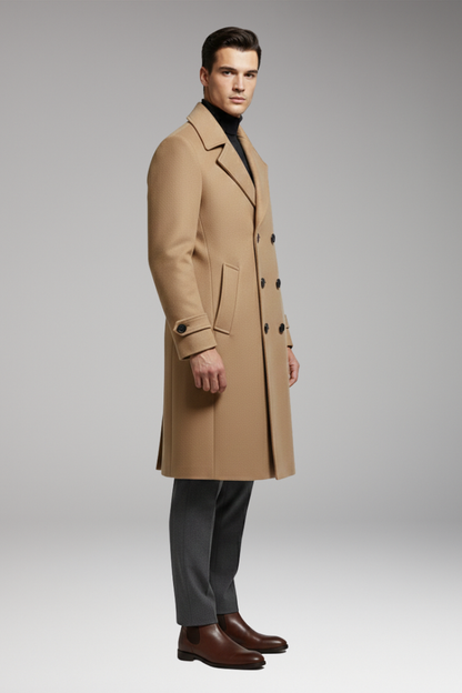 Men's Long Coat Notched Collar Double Breasted