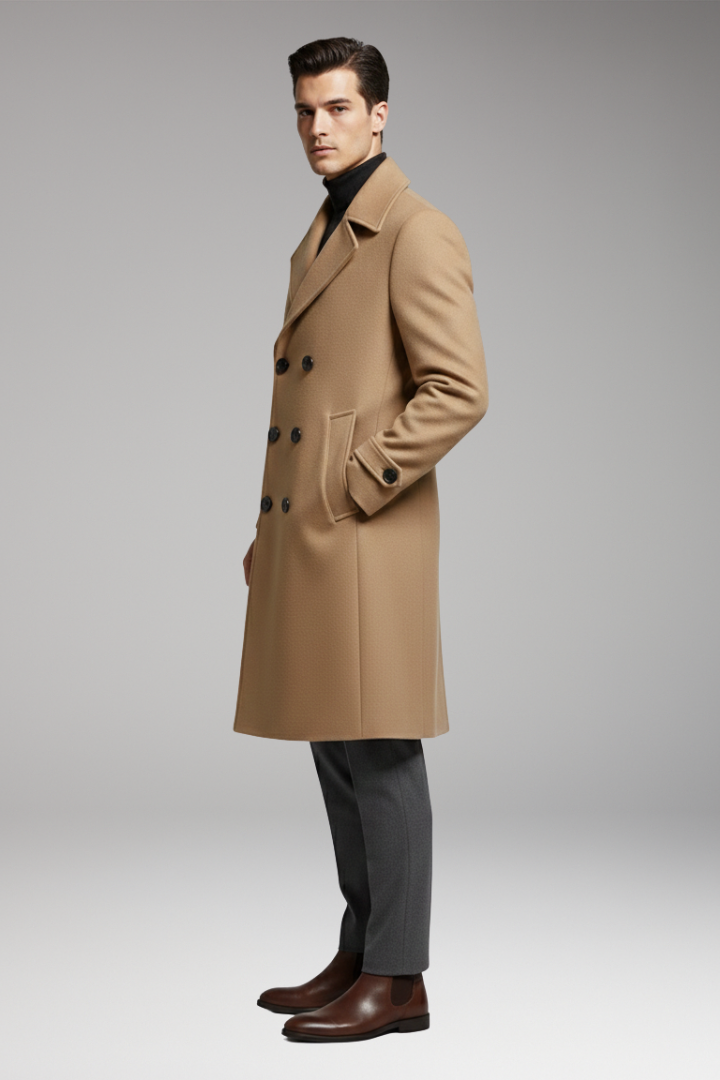 Men's Long Coat Notched Collar Double Breasted