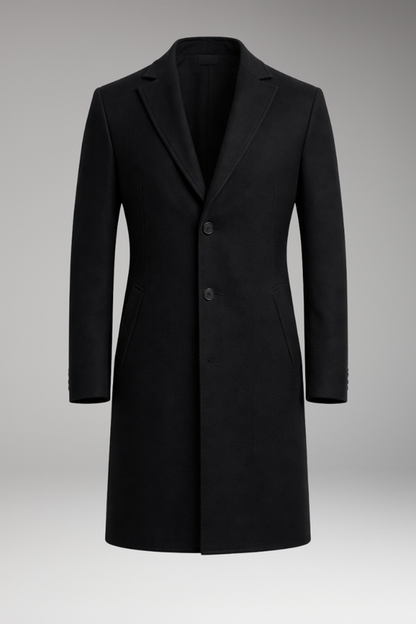 Men's Notched Collar Long Coat with Side Pockets - VibreMode