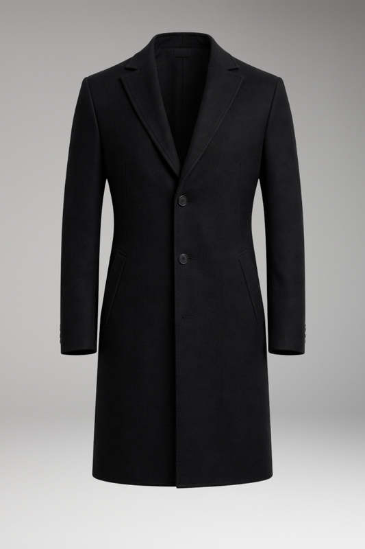 Men's Notched Collar Long Coat with Side Pockets - VibreMode