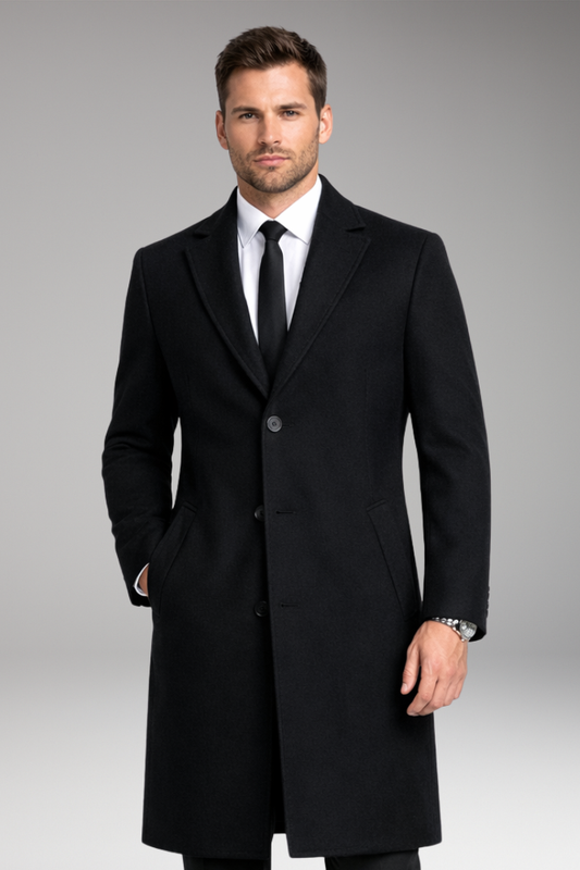 Men's Notched Collar Long Coat with Side Pockets