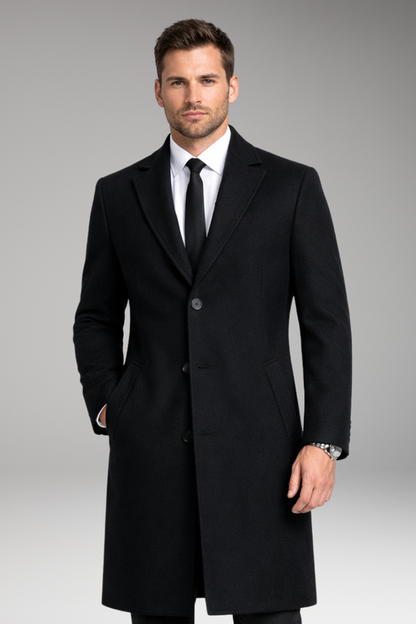 Men's Notched Collar Long Coat with Side Pockets