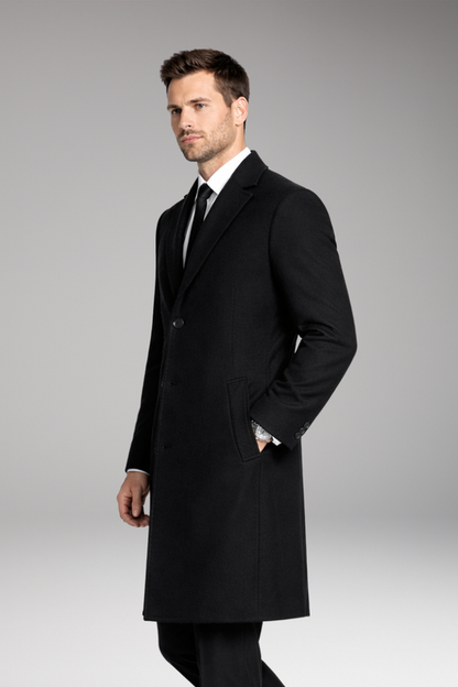Men's Notched Collar Long Coat with Side Pockets