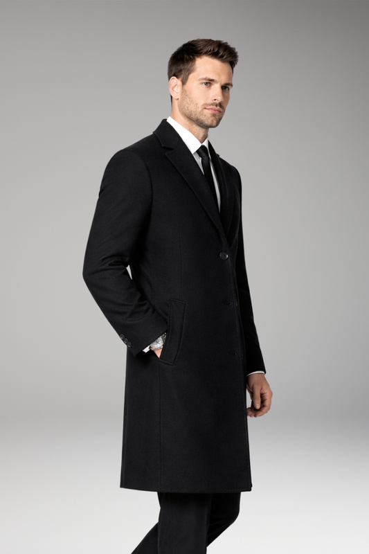 Men's Notched Collar Long Coat with Side Pockets