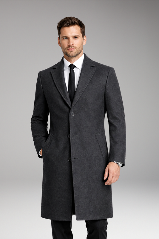 Men's Notched Collar Long Coat with Side Pockets