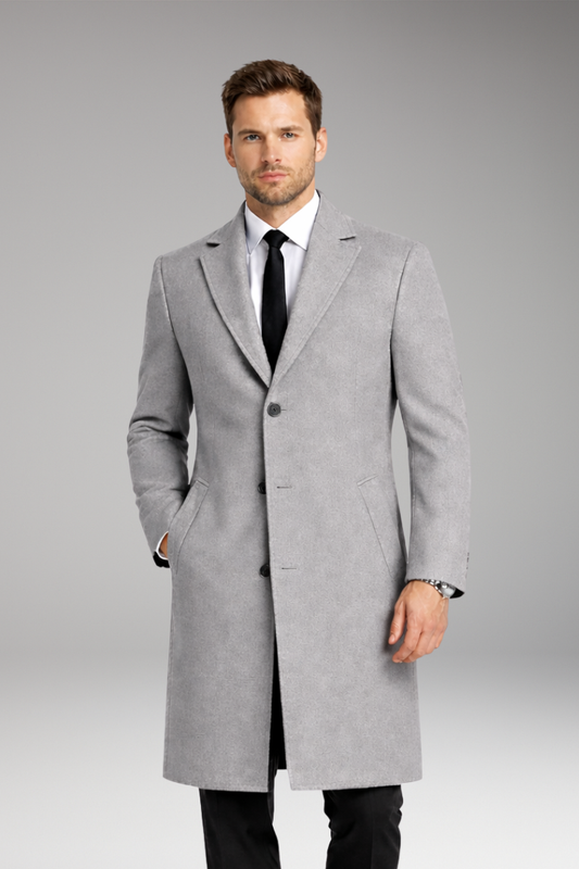 Men's Notched Collar Long Coat with Side Pockets