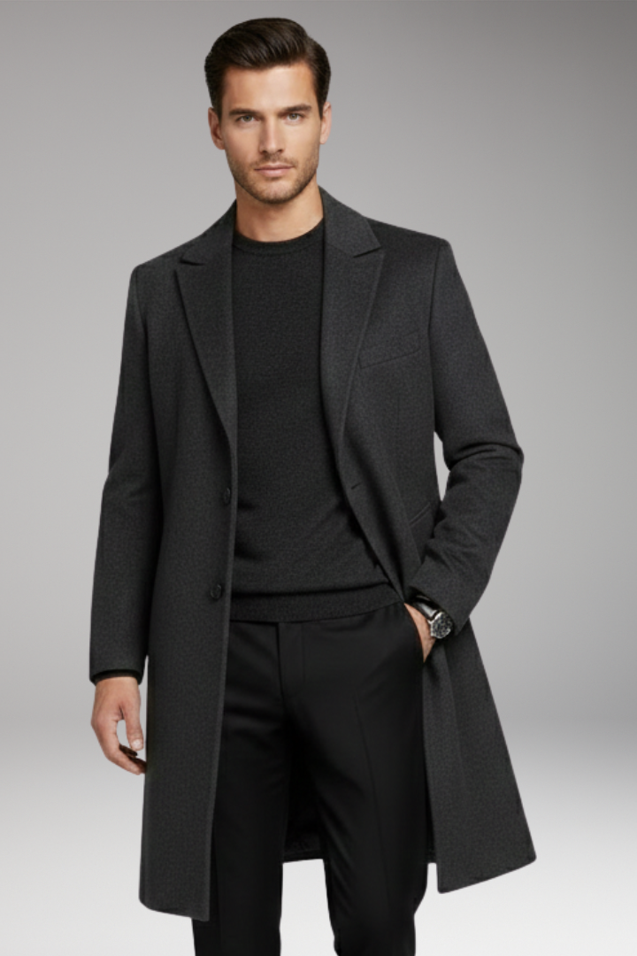 Men's Long Coat Notched Lapel Seam Pockets