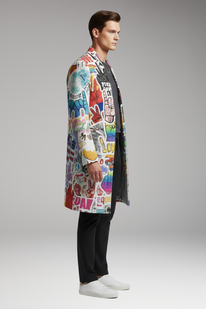 Men's Open Front Long Coat Printed