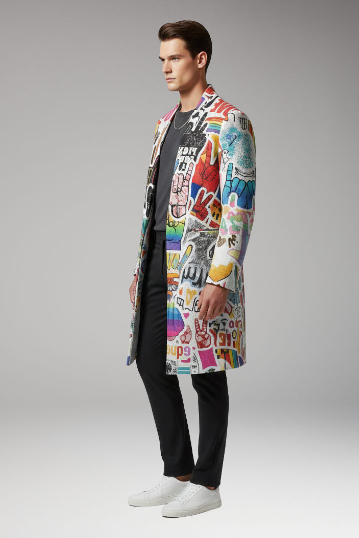 Men's Open Front Long Coat Printed