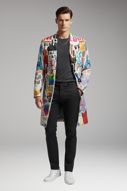 Men's Open Front Long Coat Printed