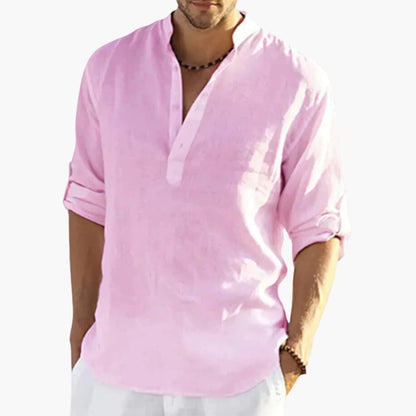 Men's Mandarin Collar Roll-Up Shirt Cotton Button Front