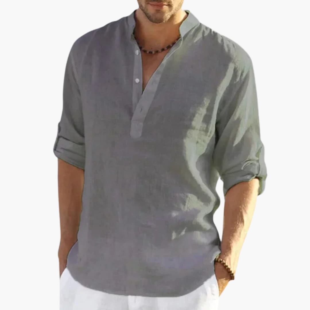 Men's Mandarin Collar Roll-Up Shirt Cotton Button Front