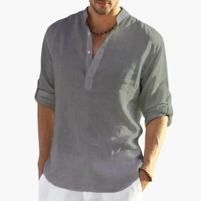 Men's Mandarin Collar Roll-Up Shirt Cotton Button Front