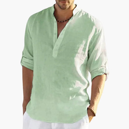 Men's Mandarin Collar Roll-Up Shirt Cotton Button Front