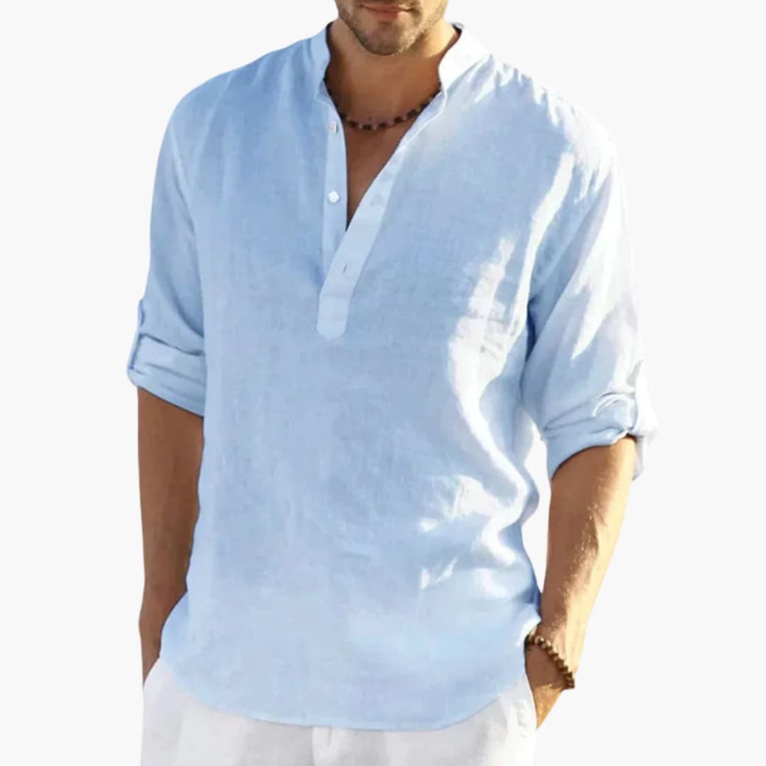 Men's Mandarin Collar Roll-Up Shirt Cotton Button Front