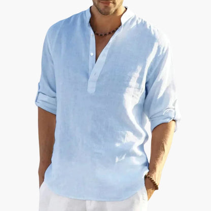 Men's Mandarin Collar Roll-Up Shirt Cotton Button Front