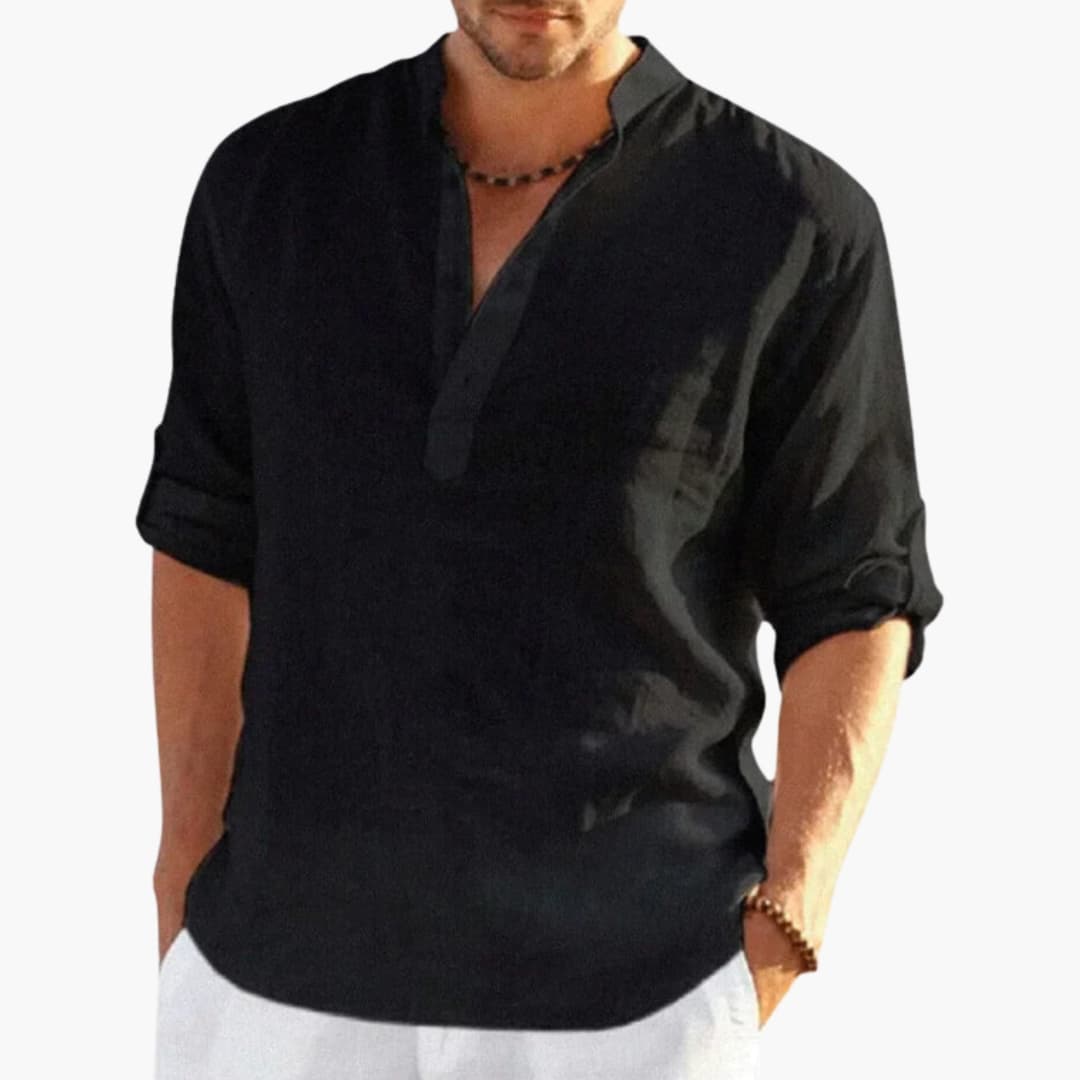 Men's Mandarin Collar Roll-Up Shirt Cotton Button Front