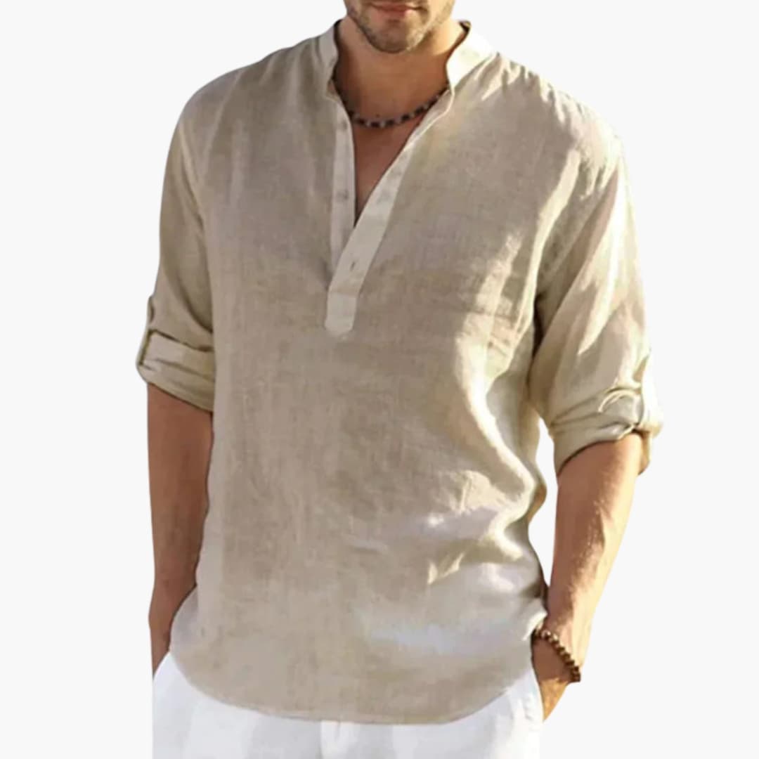Men's Mandarin Collar Roll-Up Shirt Cotton Button Front