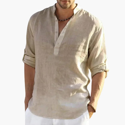 Men's Mandarin Collar Roll-Up Shirt Cotton Button Front