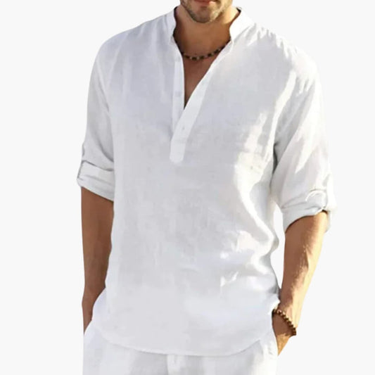 Men's Mandarin Collar Roll-Up Shirt Cotton Button Front - VibreMode