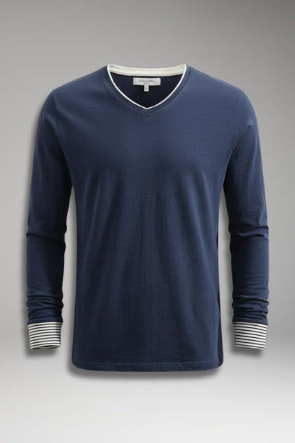 Men's V-Neck Long Sleeve Shirt Contrast Trim - VibreMode