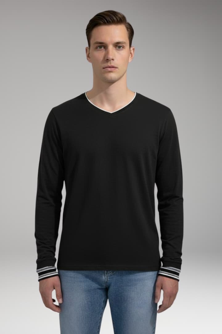 Men's V-Neck Long Sleeve Shirt Contrast Trim