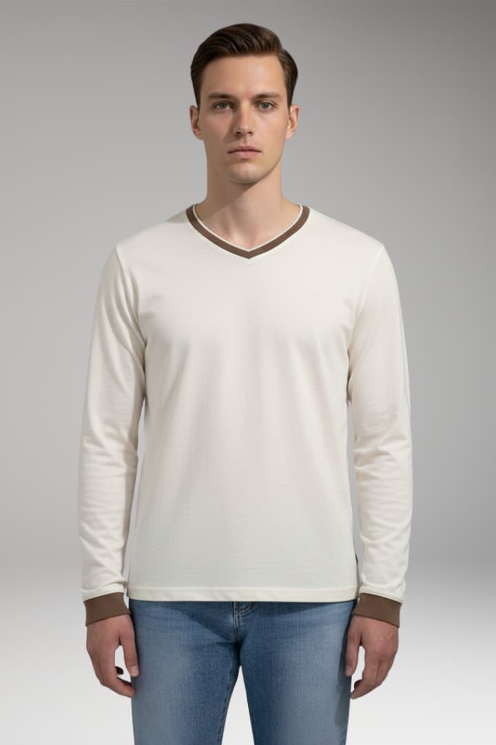 Men's V-Neck Long Sleeve Shirt Contrast Trim