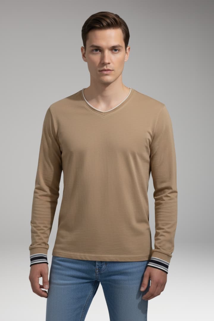 Men's V-Neck Long Sleeve Shirt Contrast Trim
