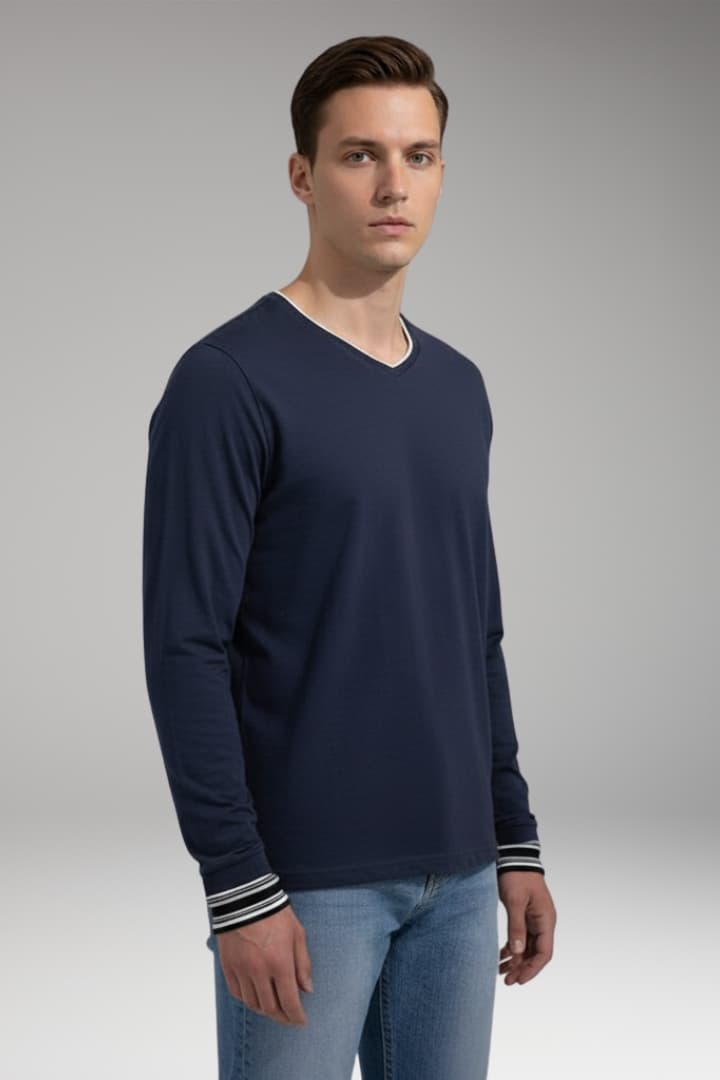 Men's V-Neck Long Sleeve Shirt Contrast Trim