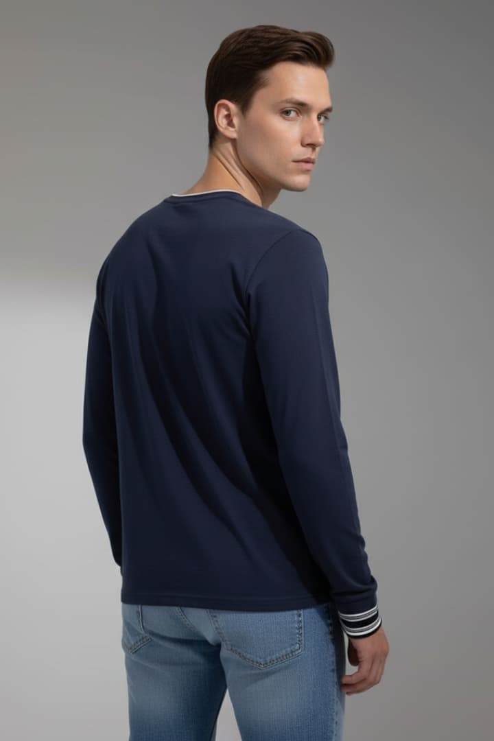 Men's V-Neck Long Sleeve Shirt Contrast Trim