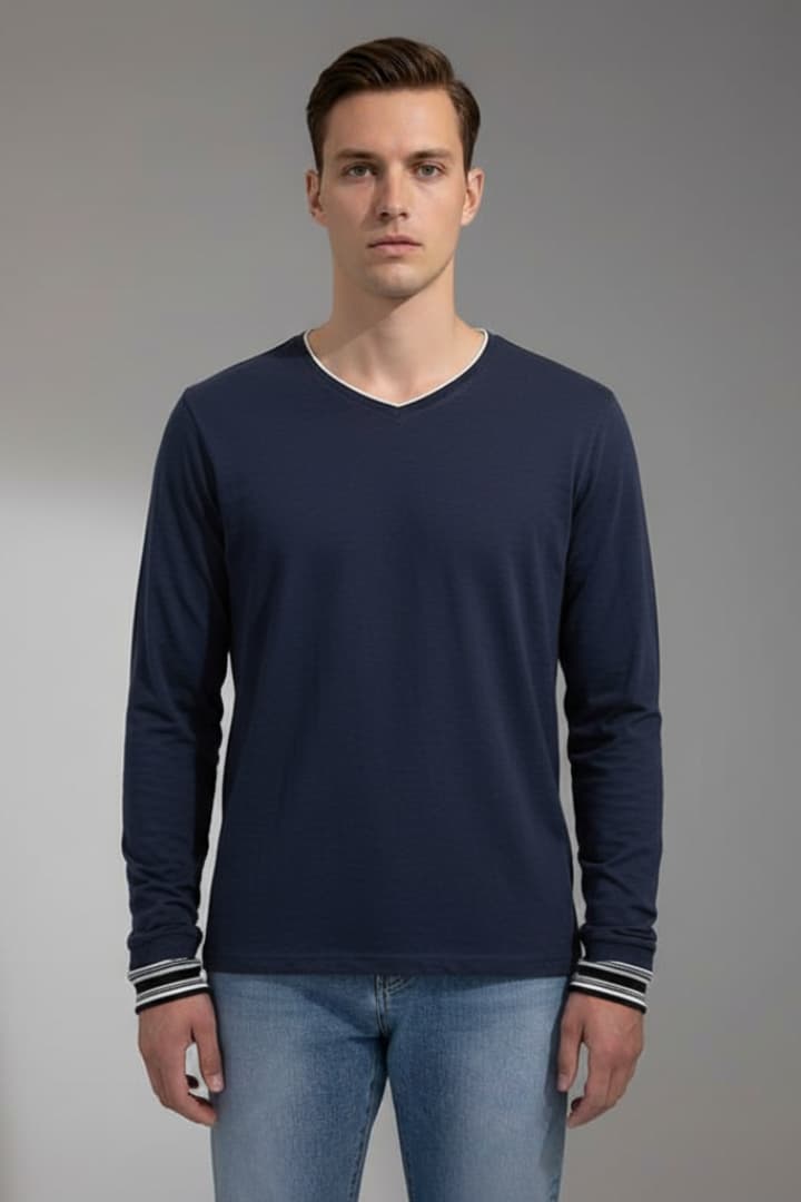 Men's V-Neck Long Sleeve Shirt Contrast Trim