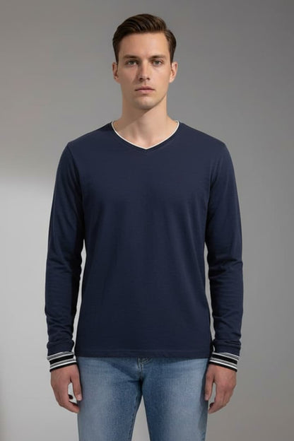 Men's V-Neck Long Sleeve Shirt Contrast Trim