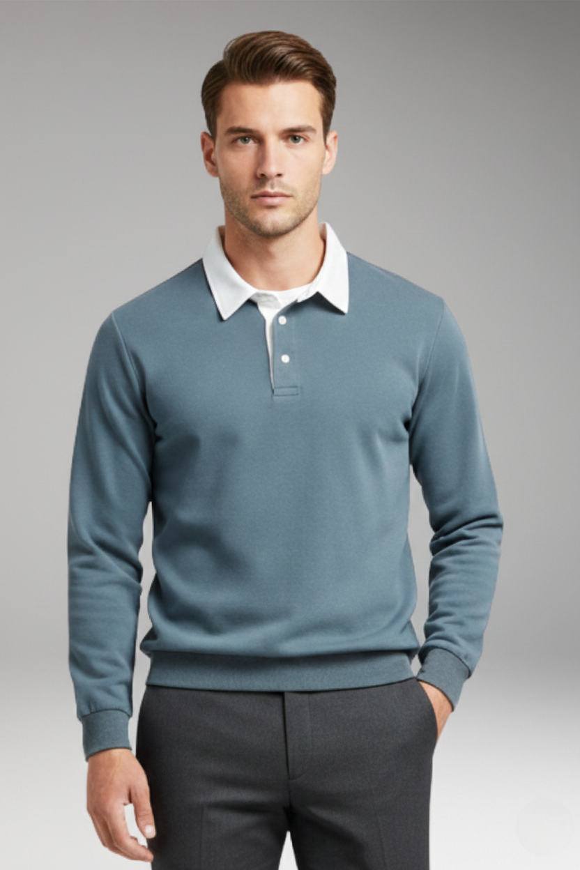 Men's Polo Shirt Ribbed Cuffs Button Closure