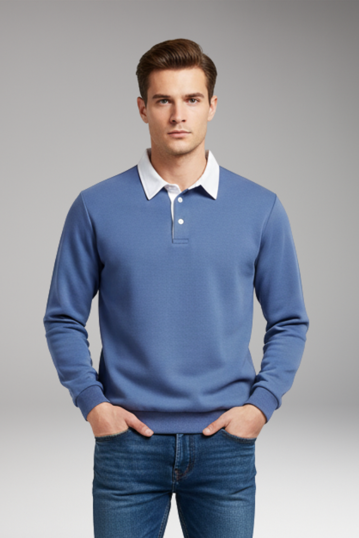 Men's Polo Shirt Ribbed Cuffs Button Closure