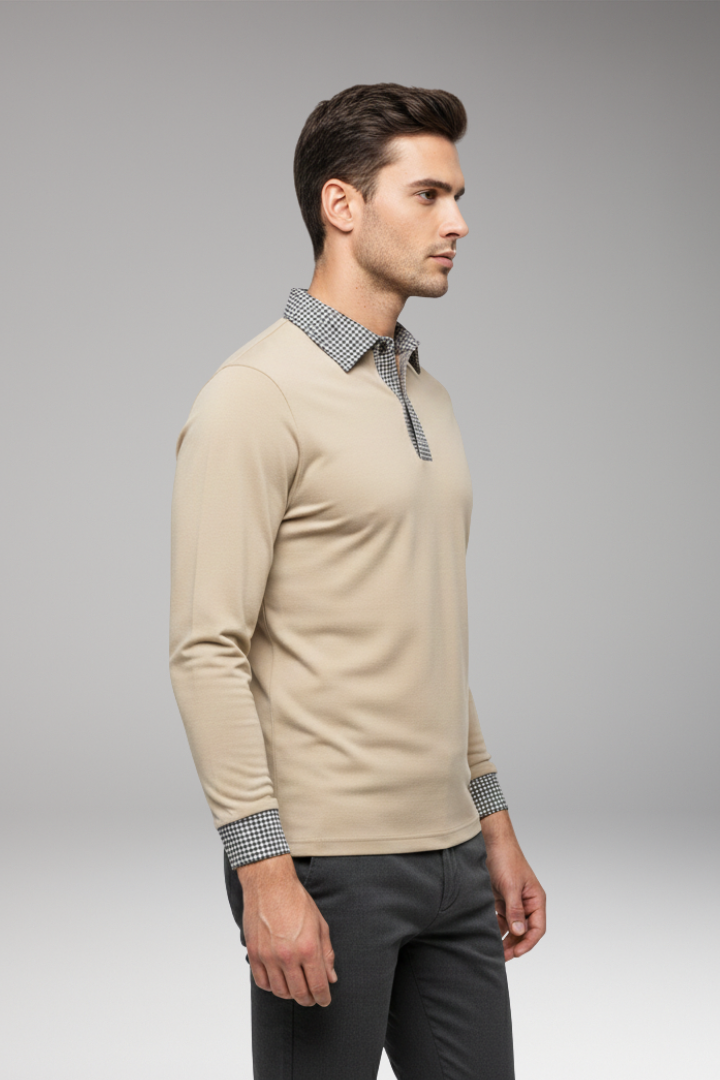 Men's Polo Shirt Contrasting Collar Woven Cuffs