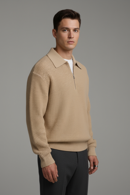 Men's Quarter-Zip Jacquard Knit Sweater Straight Fit