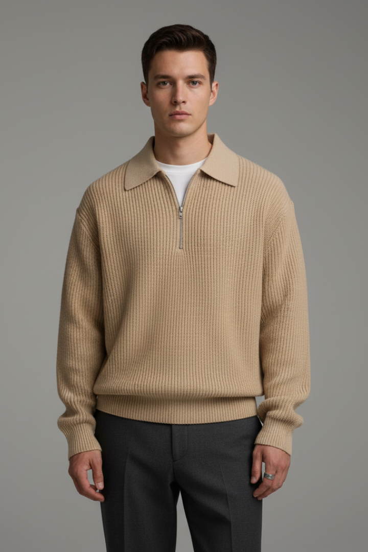 Men's Quarter-Zip Jacquard Knit Sweater Straight Fit