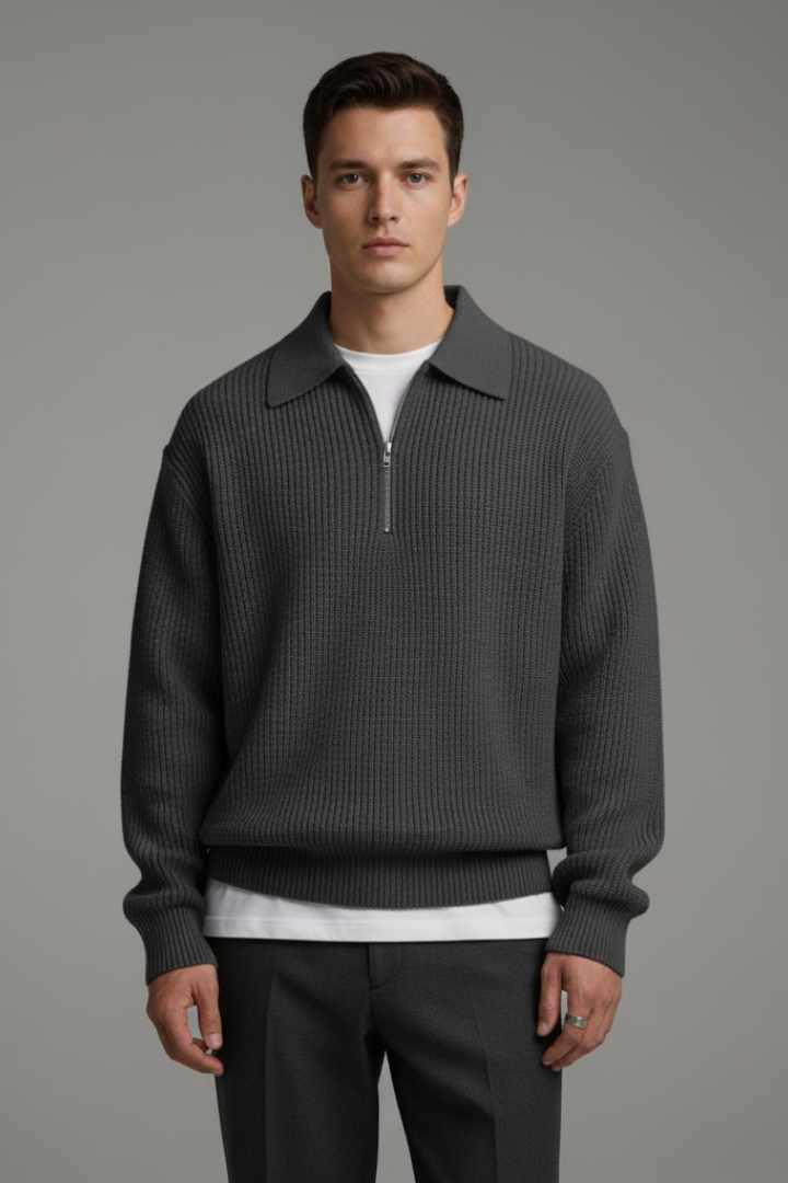 Men's Quarter-Zip Jacquard Knit Sweater Straight Fit