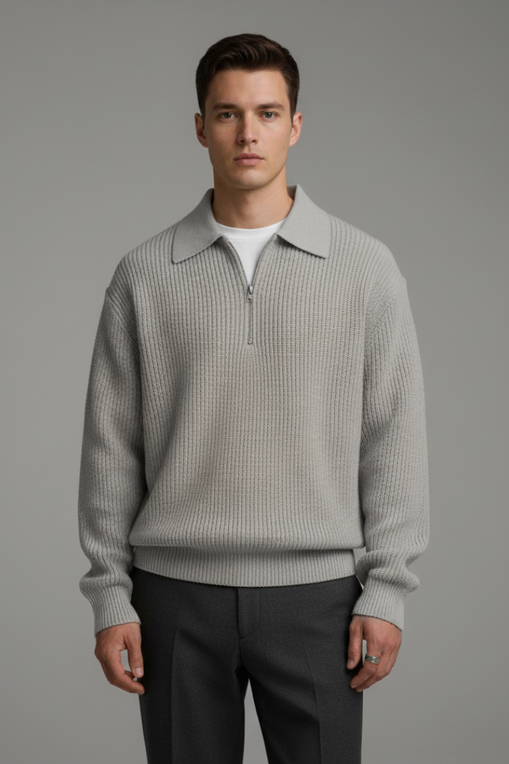 Men's Quarter-Zip Jacquard Knit Sweater Straight Fit
