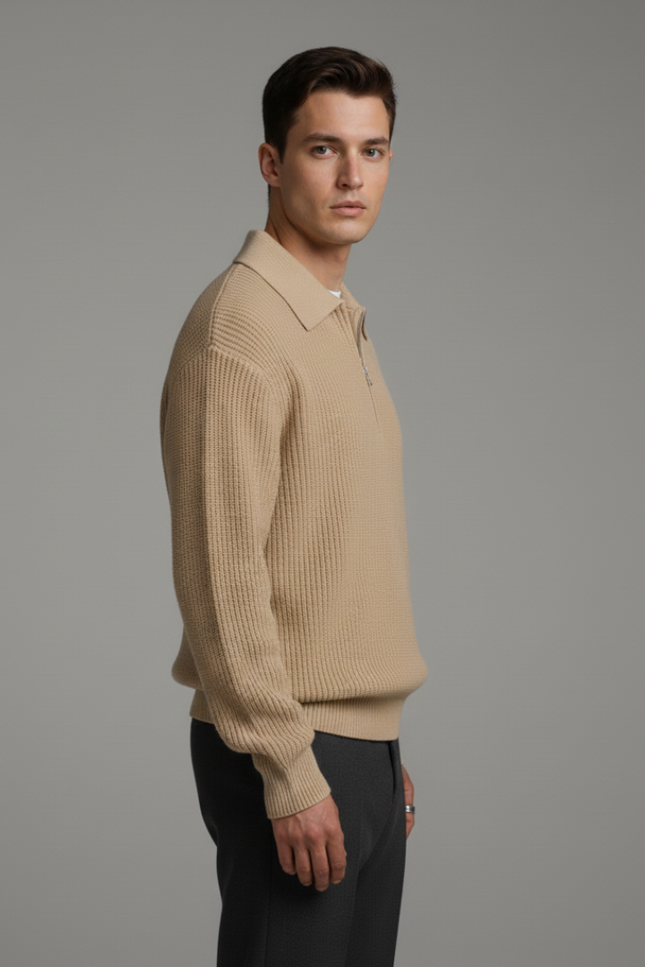Men's Quarter-Zip Jacquard Knit Sweater Straight Fit