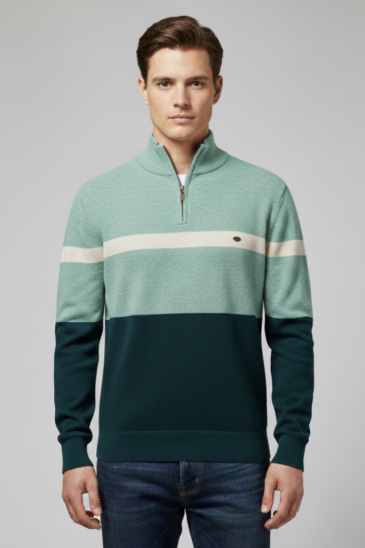 Men's Quarter Zip Sweater Mock Neck Stripe Pattern