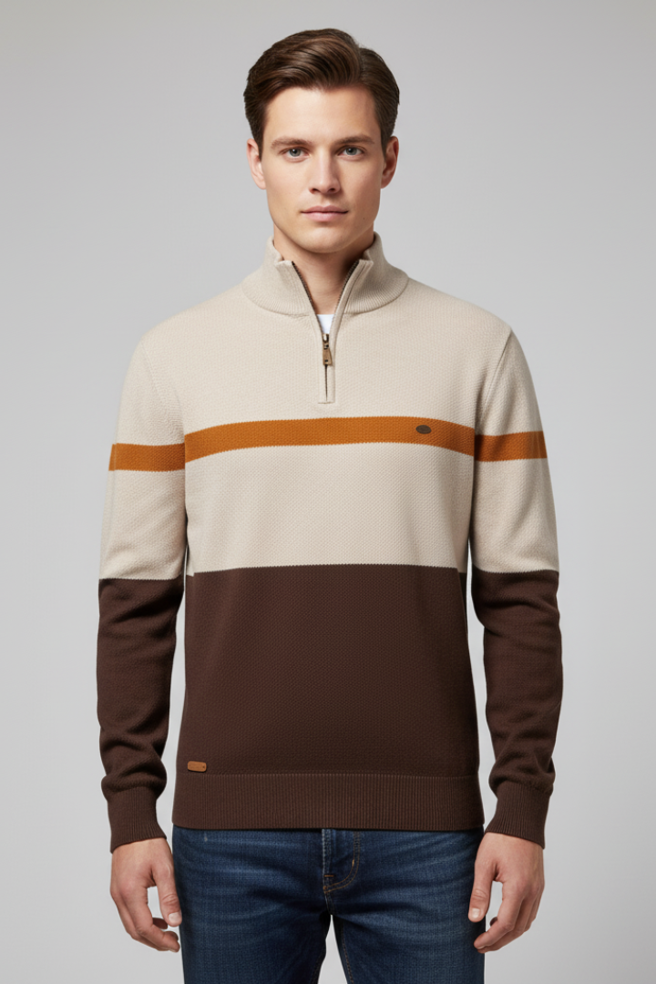 Men's Quarter Zip Sweater Mock Neck Stripe Pattern