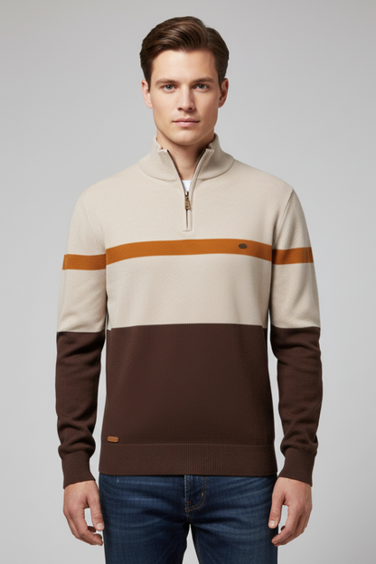 Men's Quarter Zip Sweater Mock Neck Stripe Pattern