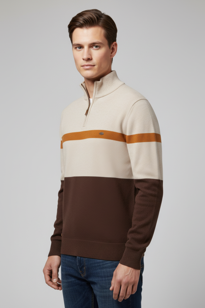 Men's Quarter Zip Sweater Mock Neck Stripe Pattern