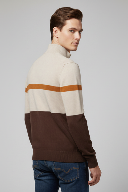Men's Quarter Zip Sweater Mock Neck Stripe Pattern