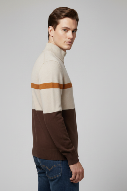 Men's Quarter Zip Sweater Mock Neck Stripe Pattern