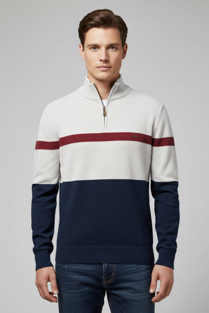 Men's Quarter Zip Sweater Mock Neck Stripe Pattern