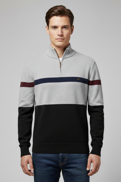 Men's Quarter Zip Sweater Mock Neck Stripe Pattern